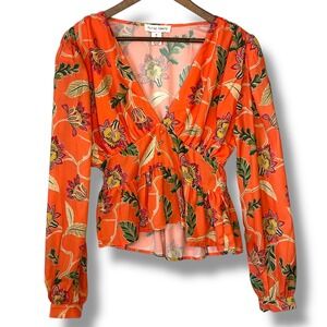 Flying Tomato M Orange Floral Peplum Blouse Smocked Waist Boho Y2K Babydoll